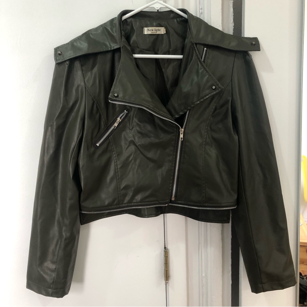 Army Green Cropped Leather Jacket